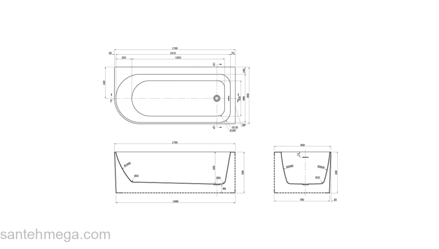 Ванна акриловая Azario LUTON 1700x800x580, пристенная, в комплекте с сифоном и металлической рамой, правая, белая  LUT17080 R. Фото